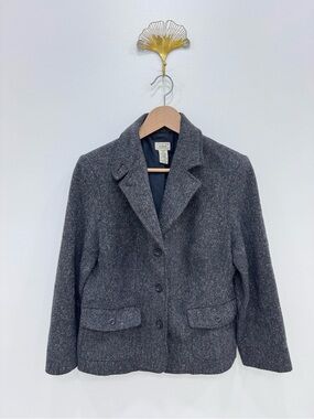 Vintage LL Bean Blazer Black Gray Wool Silk Tweed Herringbone Jacket Sz M Petite